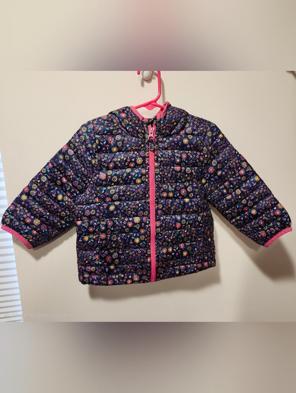jumping beans Navy Floral Puffer Jacket with Pink Trim and Hood